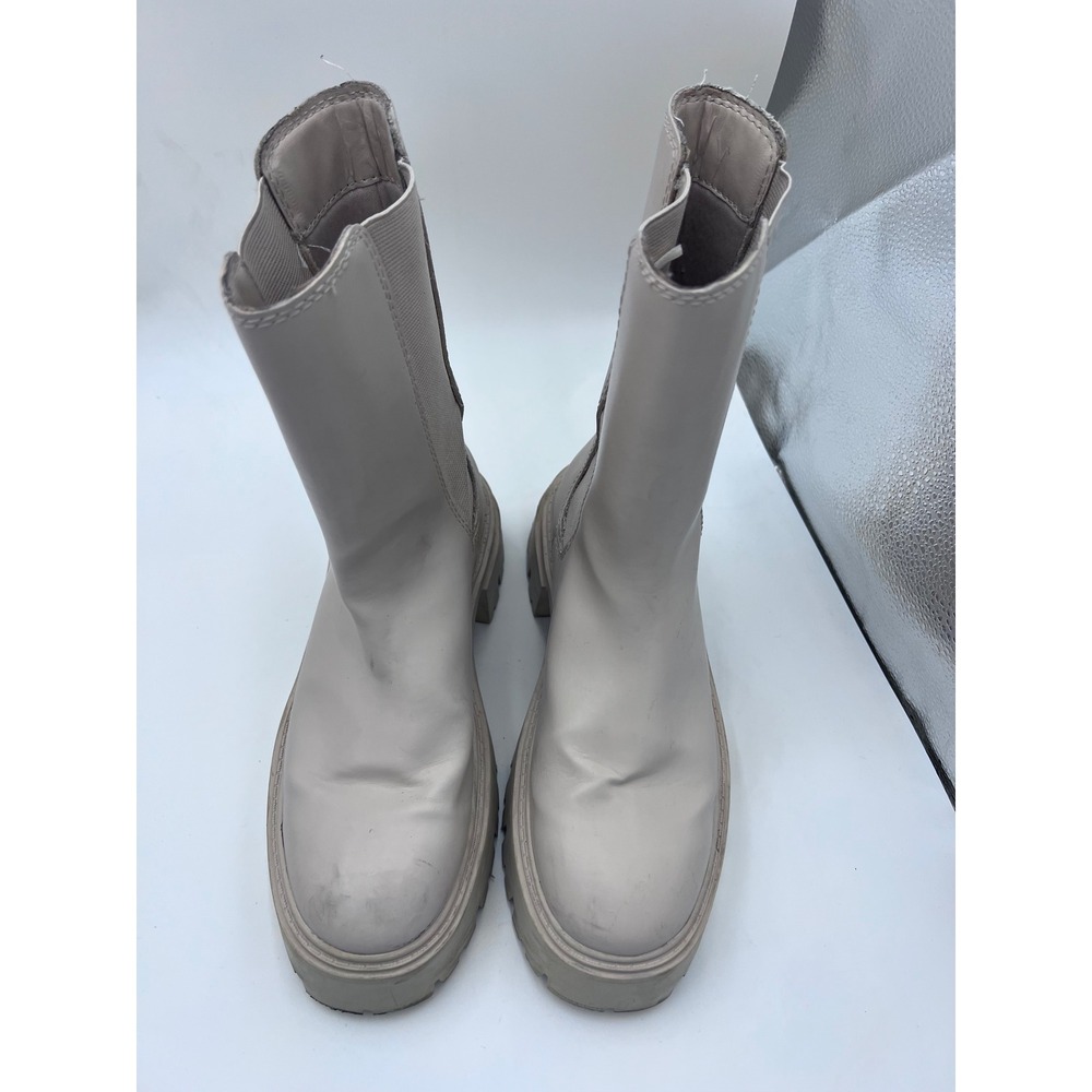 Womens Beige Platform Lug Sole Chelsea Boots Mid Calf Pull On Size 6 EU 37